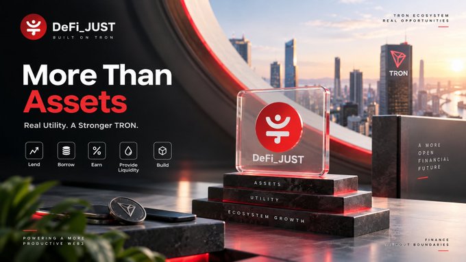 Promotional graphic for DeFi_JUST built on Tron featuring a red glowing logo, cityscape background, and tags 'More Than Assets' with utility features like Lend, Borrow, and Earn.
