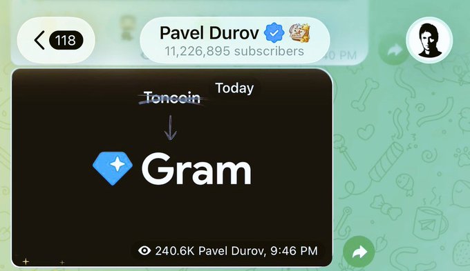 The image shows a post on social media with a black background, white text, and a picture of a green screen displaying a message about a new name for a token called TON. The original name of the token was $GRAM, but it has been renamed back to its original name. The post also mentions that the token is now officially back to being called $TON. The image does not provide any information on whether this rebrand will bring more attention and adoption to the ecosystem or if it will have a significant impact.