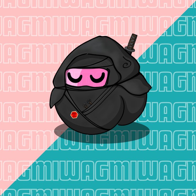 A cartoon ninja-like round black character with a pink visor displaying closed eyes and a sword on its back, set against a pink and blue background with repeating 'AGMIWAG' text.