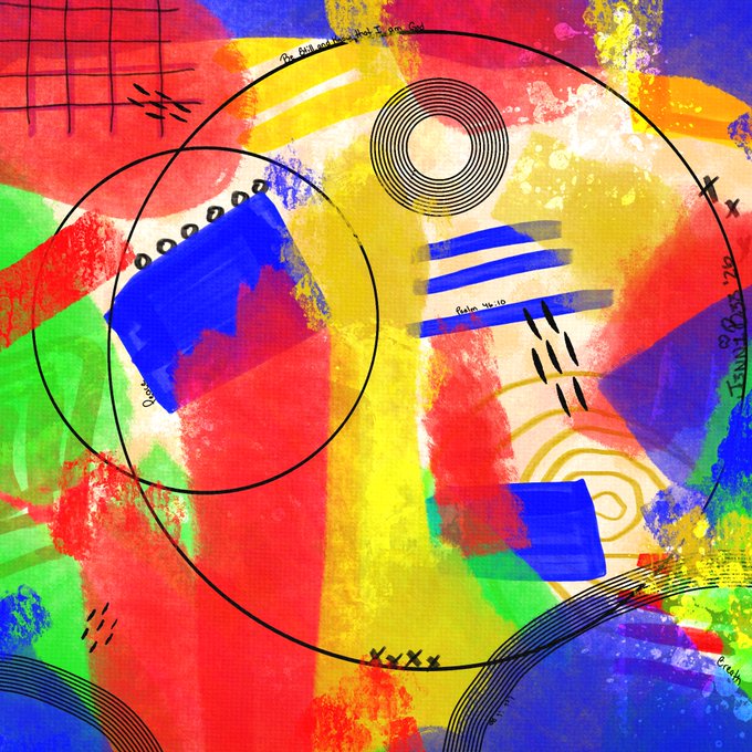 An abstract artwork featuring vibrant red, yellow, green, and blue brushstrokes overlaid with black circular outlines, geometric shapes, and scribbled text.