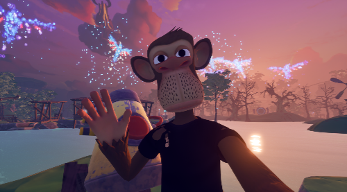 An animated anthropomorphic monkey character waves at the camera in a colorful, stylized video game environment with pink skies and glowing trees.