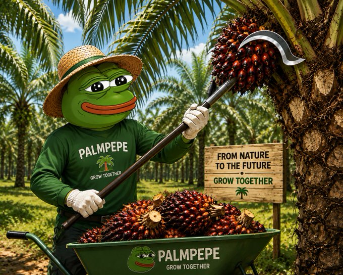 A Pepe the Frog mascot wearing a straw hat and a green 'PALMPEPE GROW TOGETHER' shirt harvests palm fruit in a plantation, with a sign reading 'FROM NATURE TO THE FUTURE • GROW TOGETHER'.