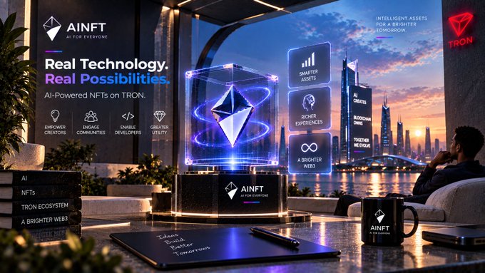 A promotional graphic for AINFT on the TRON blockchain, featuring 'Real Technology. Real Possibilities. AI-Powered NFTs on TRON' with a glowing diamond NFT display and futuristic cityscape.