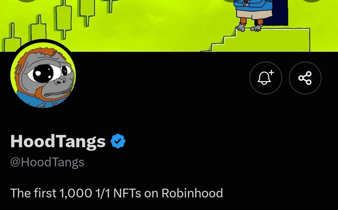 A Twitter profile page for 'HoodTangs' (@HoodTangs), described as 'The first 1,000 1/1 NFTs on Robinhood', featuring a cartoon gorilla avatar.