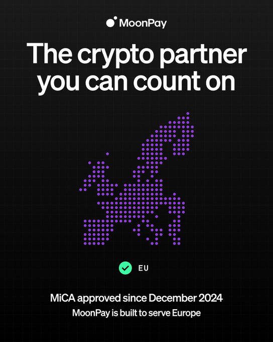 A MoonPay advertisement displays a purple dotted map of Europe on a black background with the text "The crypto partner you can count on," alongside a green checkmark labeled "EU" and the message "MiCA approved since December 2024. MoonPay is built to serve Europe." The visual supports the post's claim that MoonPay achieved MiCA compliance well ahead of the July 2026 deadline, positioning the company as a reliable, regulation-ready crypto platform for European users—especially those affected by non-compliant exchanges.
