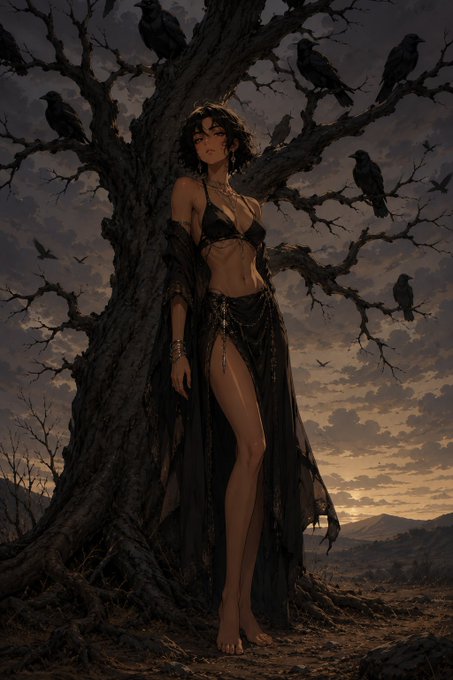 A dark fantasy digital illustration of a woman with curly black hair wearing a black outfit, standing barefoot against a gnarled tree with black crows perched on its branches at sunset.