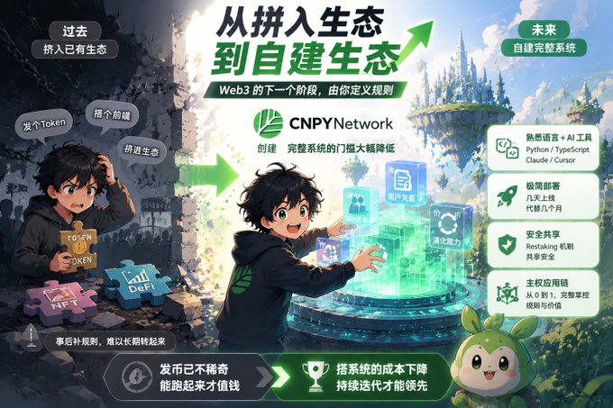 A Chinese promotional graphic contrasts Web3's past ("挤入已有生态," shown with broken Token, NFT, and DeFi puzzle pieces) with its future of "自建完整系统" (self-built complete systems) via CNPY Network, highlighting features like AI tools, Cursor deployment, shared security (Restaking), and AppChain. It visualizes the post's narrative of evolving beyond token/NFT/DeFi breakthroughs into building full-stack, customizable blockchain ecosystems.