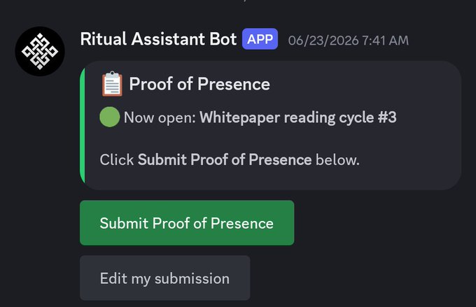 A Ritual Assistant Bot app interface prompting a 'Proof of Presence' submission for whitepaper reading cycle #3, dated 06/23/2026.