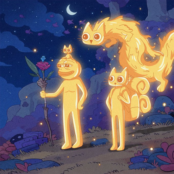 A whimsical illustration of three glowing yellow cat-like figures in a dreamy nighttime landscape under a crescent moon, with one figure holding a staff topped with a flower and another wearing a small cat on its head.