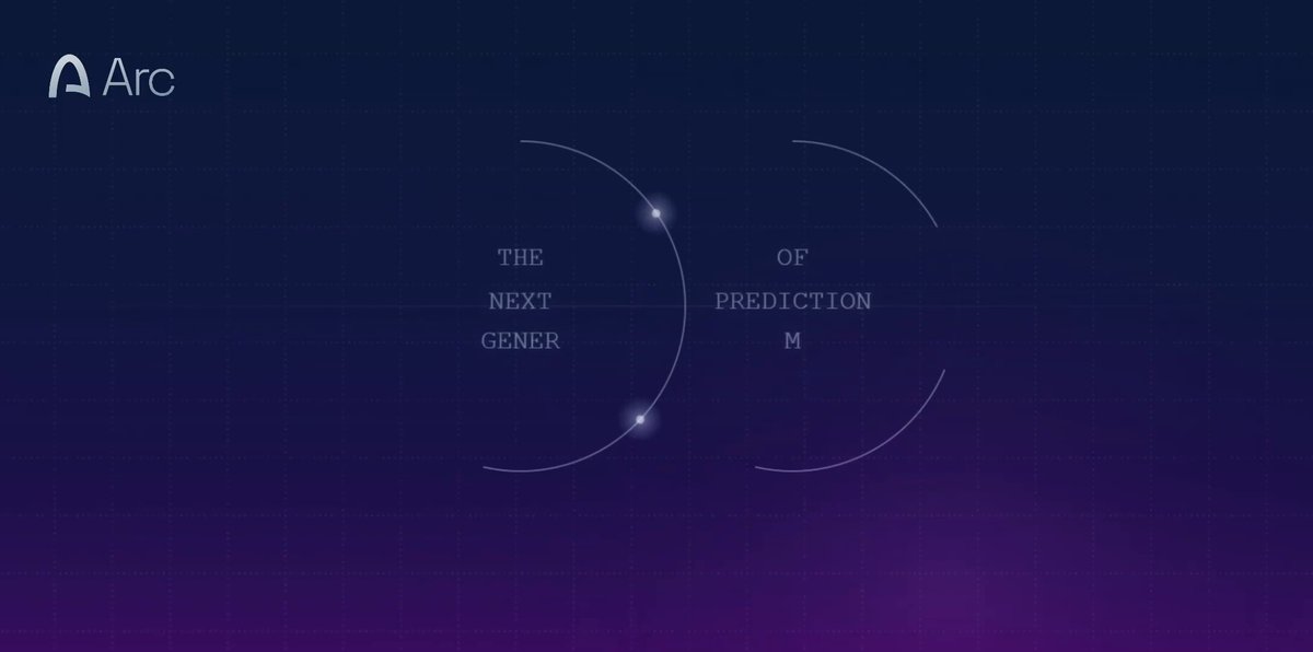 The image features a graphic with a purple background and white text that reads "THE NICE GENER", followed by a line of dots and arrows above which reads "ARC Predictions Market Predictions". The dots are aligned vertically, and the arrows point in different directions. This visual representation suggests that the arc platform is focused on predicting market trends and behaviors through simulations or forecasting models.
