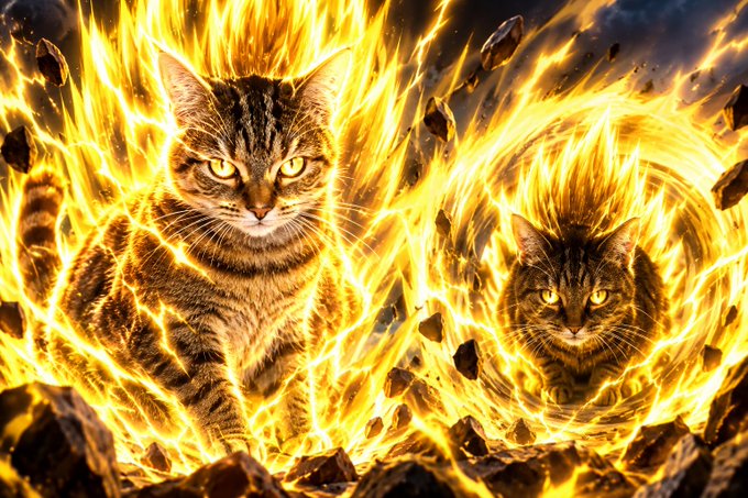 Two tabby cats appear to channel supernatural fire powers, surrounded by blazing flames and floating rocks, reminiscent of Dragon Ball Z-style energy auras.