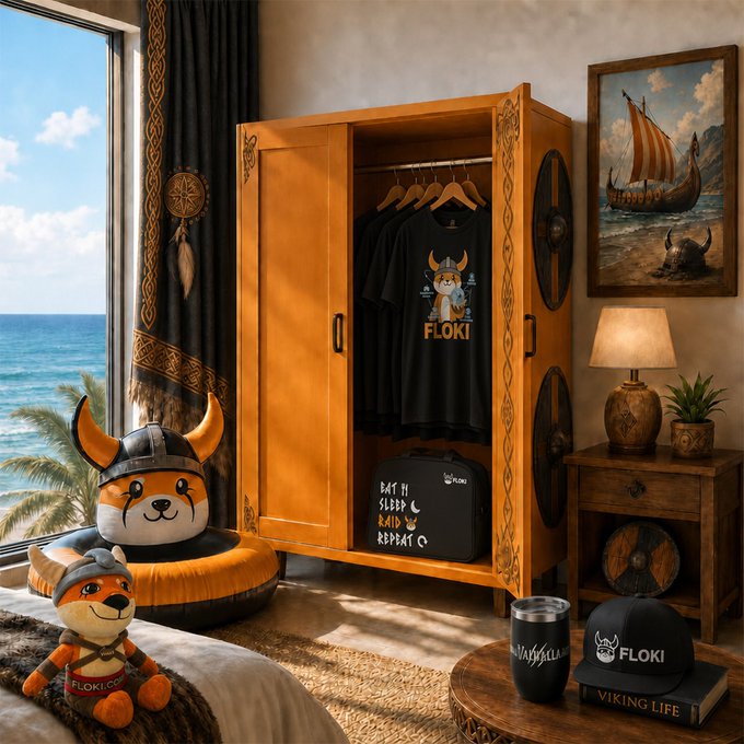 A promotional image featuring a wardrobe filled with Floki-branded apparel and merchandise, including t-shirts, a duffel bag, a cap, a tumbler, and plush toys, set against a Viking-themed bedroom backdrop with an ocean view.
