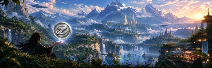 A fantasy landscape featuring mountains, castles, and waterfalls with a figure holding a glowing Zcoin (ZCZ) token in their hand.