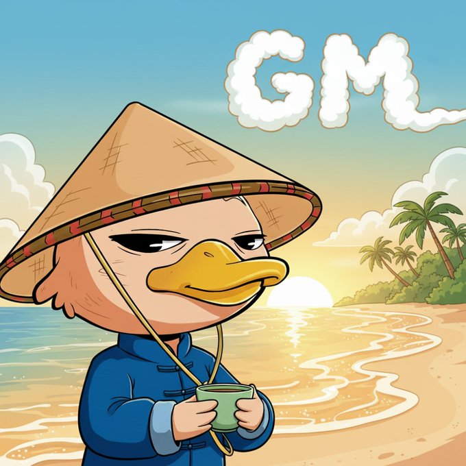 The image features a cartoon duck wearing a hat, holding a cup of coffee or tea while standing at the beach during sunrise or sunset. The background includes palm trees and water, creating a serene atmosphere for the scene. The caption above the image reads "Good morning fam It's interesting to see digital collectibles slowly evolve from simple generative art into something connected to real-world physics". This suggests that the post is discussing how the evolution of digital collectibles has been influenced by the principles of Quantum Mechanics, specifically the concept of Quantum Echoes.