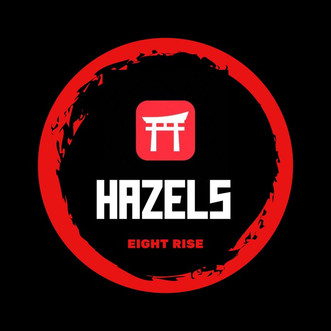 Logo for 'HAZELS EIGHT RISE' displayed within a red circle, featuring a red icon with a white Japanese torii gate symbol.