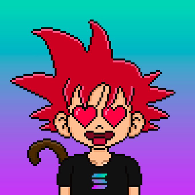 A pixel art illustration shows a spiky red-haired character with heart-shaped eyes and a joyful smile, wearing a black shirt with a small pride-like emblem, set against a teal-to-purple gradient background. The image ties into the post's playful request for a "GM" from "Goku" while promoting the $AKIRA token and its associated Solana contract address.