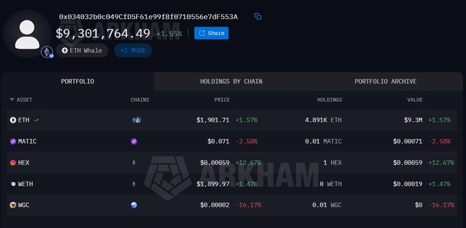 A blockchain portfolio showing an ETH whale address with holdings of approximately $9,301,764.49, primarily in ETH (4.891K), MATIC, HEX, WETH, and WGC tokens.