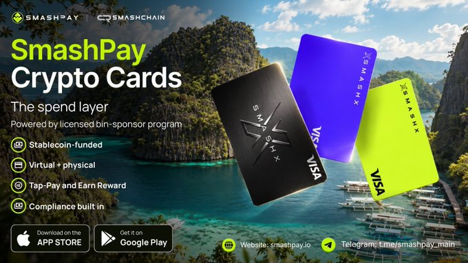 An advertisement for 'SmashPay Crypto Cards' branded as 'The spend layer,' featuring three Visa cards (black, purple, and yellow) against a tropical island backdrop, highlighting features like stablecoin-funding, virtual+physical, tap-pay rewards, and compliance.
