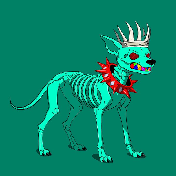 The image features a skeleton dog wearing a red collar, standing against a green background with its bones clearly visible. The caption of the image reads "Shoutout to the @gravemint MEGA Space with an amazing Team! Just won this Hell Houndz @deadsdawgz Community members continue to win $DEADS keep rising up What are waiting for?".