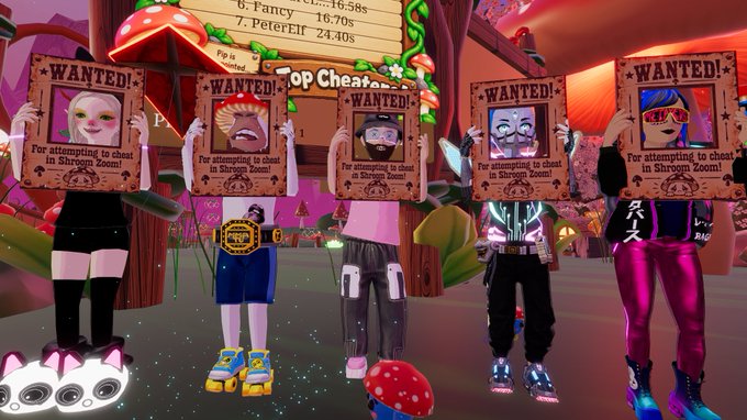 Five avatars in a virtual world hold "WANTED!" posters for cheating in Shroom Zoom, with a leaderboard showing "Pip is 6. Fancy 4658s" and "7. PeterIII 24.40s" above, capturing the playful competition within Decentraland's mushroom-racing minigame.