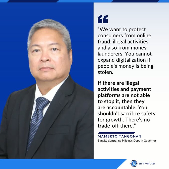 A graphic from BitPinas featuring a portrait of Mamerto Tangonan, Bangko Sentral ng Pilipinas Deputy Governor, with a quote about protecting consumers from online fraud and money laundering.