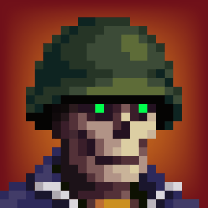 Pixel art portrait of a character wearing a dark green camouflage helmet with glowing green eyes against an orange-to-red gradient background.