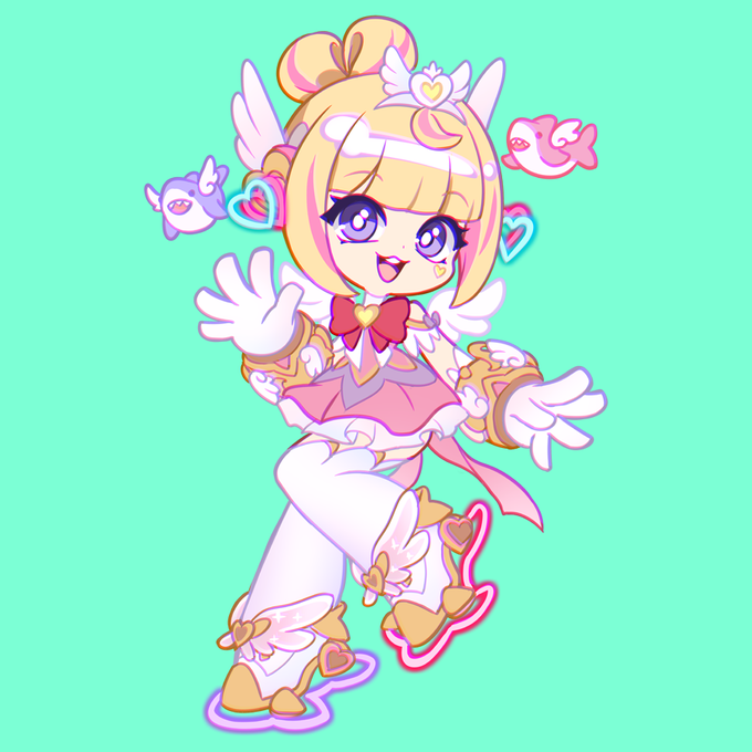 A cheerful blonde anime-style fairy character with a heart tiara, wings, and pink-and-white magical attire poses joyfully alongside her two floating bird companions, embodying the hopeful spirit behind the "Heart of Hope Juno" theme.