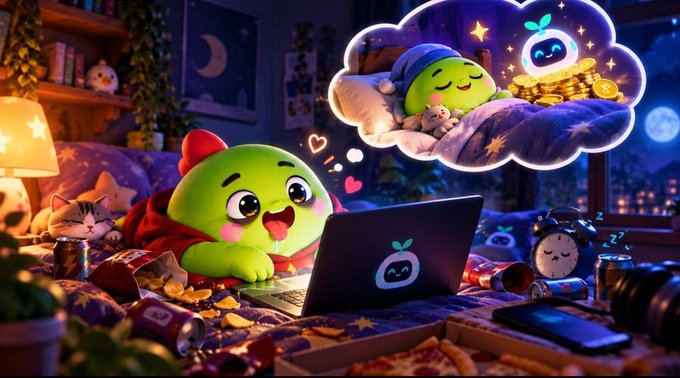 A cute green apple-like cartoon character wearing a red hood uses a laptop in a cozy bedroom, dreaming about coins and a similar character sleeping on clouds.