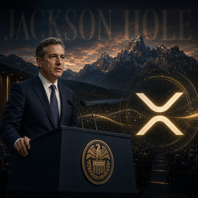 A man in a dark suit stands at a podium featuring an eagle and shield emblem, with the glowing "JACKSON HOLE" text and the XRP logo (a stylized gold X) displayed against a backdrop of rugged mountain peaks, symbolizing the convergence of traditional central banking and XRP-based digital finance solutions.