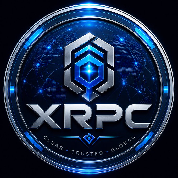 A metallic blue and silver circular logo features a hexagonal emblem with "XRPC" written across it and the words "CLEAR • TRUSTED • GLOBAL" at the bottom, set against a world map background.