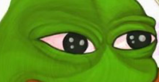 A close-up of a sad Pepe the Frog meme face with large, teary eyes.