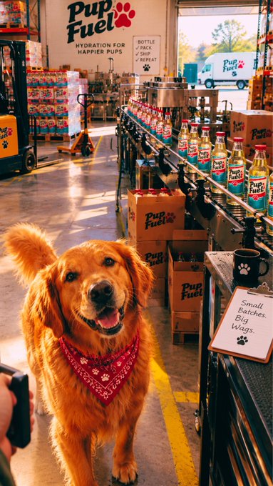 A golden retriever wearing a red bandana smiles at the camera inside what appears to be a 'Pup Fuel' beverage manufacturing or packaging facility, with a 'Small Batches. Big Wags.' sign visible.