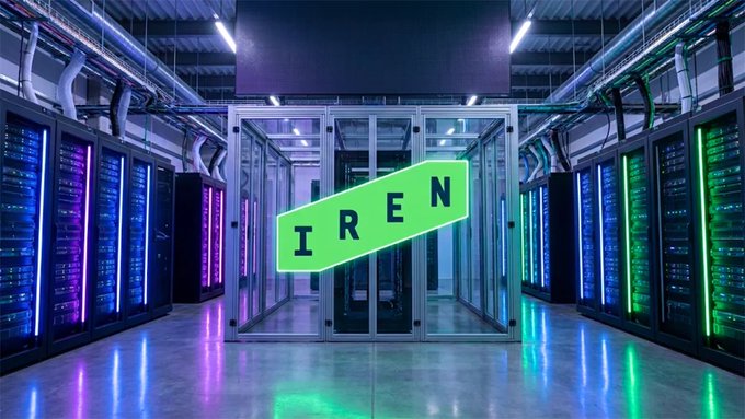 A modern data center with rows of server racks featuring colorful RGB lighting, with a green graphic overlay displaying the text 'IREN'.