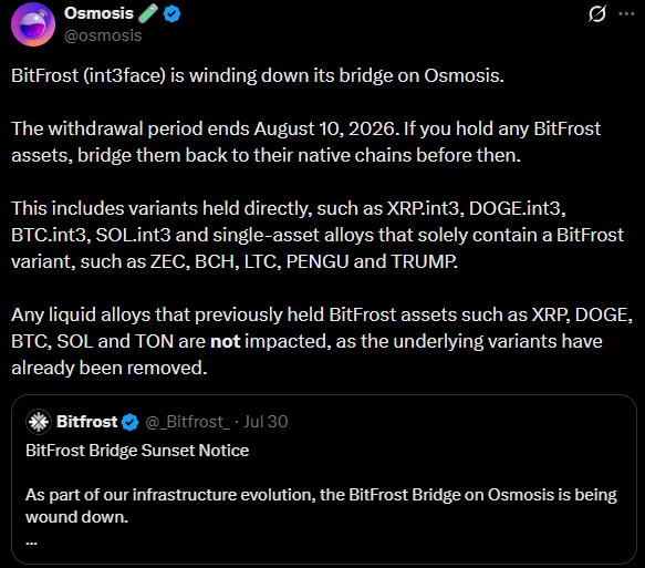 A tweet from Osmosis (@osmosis) announces that BitFrost (int3face) is winding down its bridge on the Osmosis network, with the withdrawal period ending August 10, 2026. The post alerts users holding BitFrost assets like XRP.int3, DOGE.int3, BTC.int3, SOL.int3, and single-asset alloys such as ZEC, BCH, LTC, PENGU, and TRUMP to bridge them back to their native chains before the deadline, while noting that liquid alloys are not impacted.