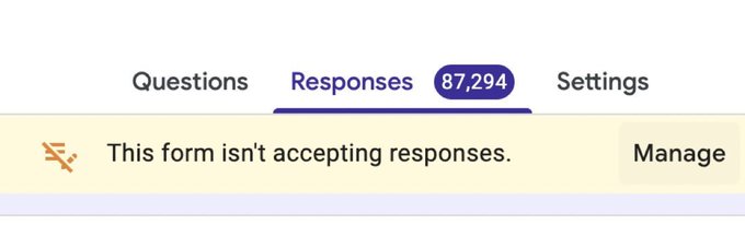 The image shows a Google Form's "Responses" tab displaying 87,294 submissions, with a banner stating "This form isn't accepting responses." This supports the post's claim that over 87,000 people signed up for the airdrop, though the form has since been closed.