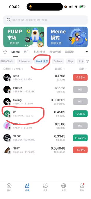 A cryptocurrency app screenshot displays various meme tokens with 'Hook 生态' and the token '01' circled in red, showing prices and percentage changes.