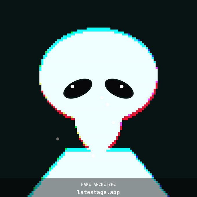 A pixel art illustration of a grey alien head with large black eyes on a dark background, labeled 'FAKE ARCHETYPE' and 'latestage.app'.