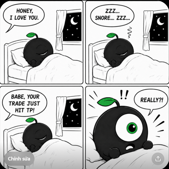 A four-panel comic featuring a black bomb-like character in bed, showing panels where they sleep through an 'I love you,' wake up when told 'Babe, your trade just hit TP!', and respond with shocked 'REALLY?!' speech bubbles.