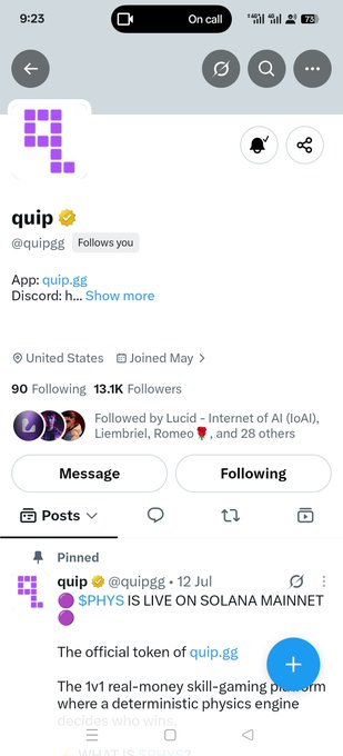 A screenshot of a social media profile for 'quip' (@quipgg), showing it has 13.1K followers and a pinned post announcing '$PHYS IS LIVE ON SOLANA MAINNET' as the official token of quip.gg.