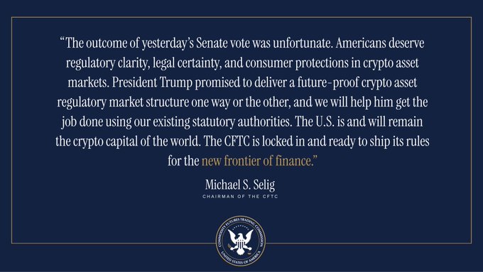 A quote attributed to Michael S. Selig, Chairman of the CFTC, discusses crypto asset market regulation and the 'new frontier of finance,' displayed with the CFTC seal on a dark blue background.