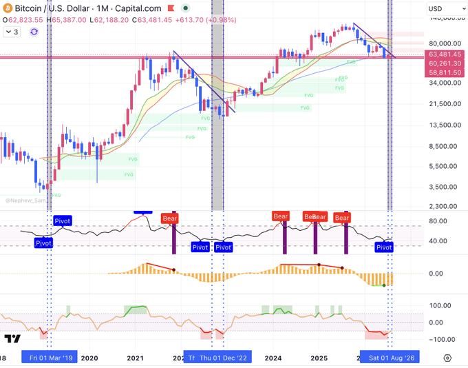 A Bitcoin/U.S. Dollar monthly (1M) chart on Capital.com by @Nephrite_Sam showing price at 65,387.00, with candlesticks, Fair Value Gaps (FVG), and indicators marking 'Pivot' and 'Bear' signals.