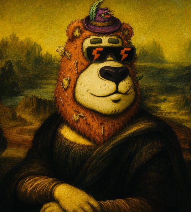 A surreal, Mona Lisa-style painting features a bear-like creature with a red mane, wearing a small hat with a feather and glowing lightning-bolt sunglasses.