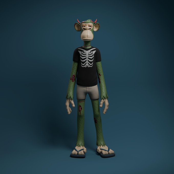 A 3D-rendered green furry character with red horns, wearing a black skeleton-rib t-shirt, gray shorts, and flip-flops, standing against a teal background.