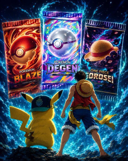 Anime-style artwork featuring Detective Pikachu and Luffy with three trading card booster packs labeled 'POKEMON BLAZE', 'POKEMON DEGEN', and 'ONE PIECE GROSEI'.