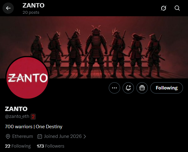 The image features a twitter post from an account called "@zanto_eth" that has been reposted as a status on Twitter for an anime project. The post's main content explains that the post itself was made by Zanto himself, who is known for his work in anime and video games. The post mentions an upcoming NFT release of an anime inspired by Japanese warrior figures, with details such as its title "Early find @zanto_eth" and a description related to it being made by another artist named @Zantoeth2.