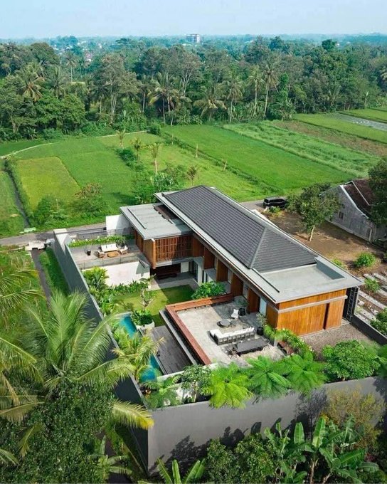 An aerial view of a modern villa with a sloped roof and swimming pool, surrounded by lush green rice paddies and palm trees.