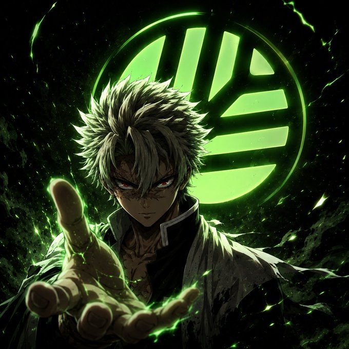 An anime-style illustration of a spiky-haired character with red eyes extending his hand forward, with a glowing green emblem in the background.
