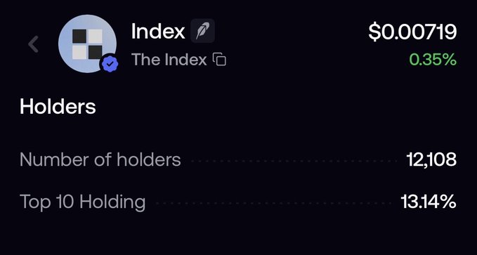 A cryptocurrency tracking interface displays the 'Index' token 'The Index' priced at $0.00719 with a 0.35% change, showing 12,108 holders and top 10 holdings of 13.14%.