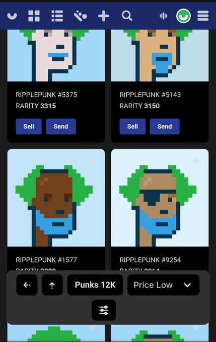 A mobile app displaying a grid of four RIPPLEPUNK NFTs (#5375, #5143, #1577, #9254) with rarity rankings of 3315, 3150, 3290, and 3264, alongside a filter bar set to "Punks 12K" and "Price Low" sorting—showcasing the marketplace where the user is checking on their green-haired RipplePunk collectibles.
