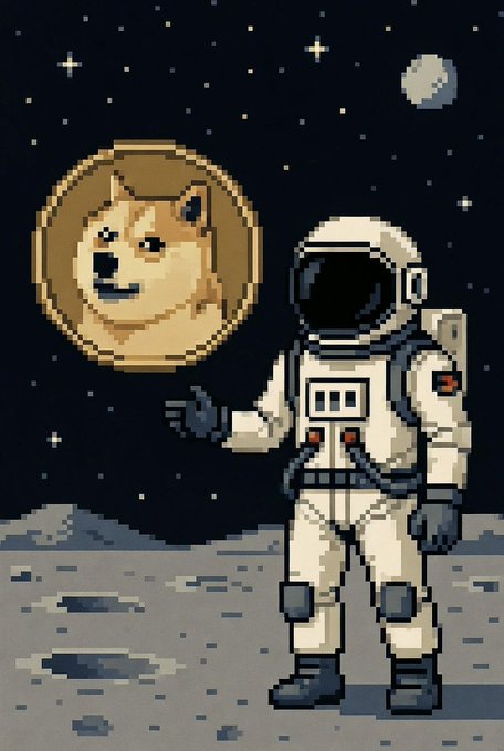 Pixel art depicting an astronaut on a grey moon surface saluting, with a Dogecoin logo replacing the moon in the starry black sky.